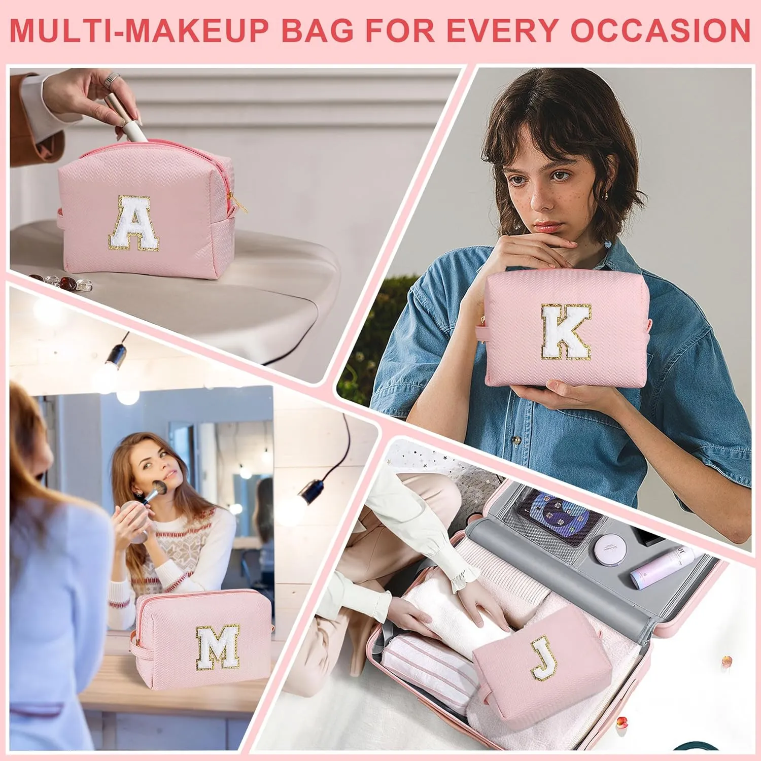 YOOLIFE Initial Makeup Bag Personalized Gifts, Travel Pink Make Up Bag Cosmetic Bags for Women Cute Makeup Bag Organizer Toiletry Bag Birthday Gifts for Women Her Teen Girlfriend Mom Teacher Sister Q
