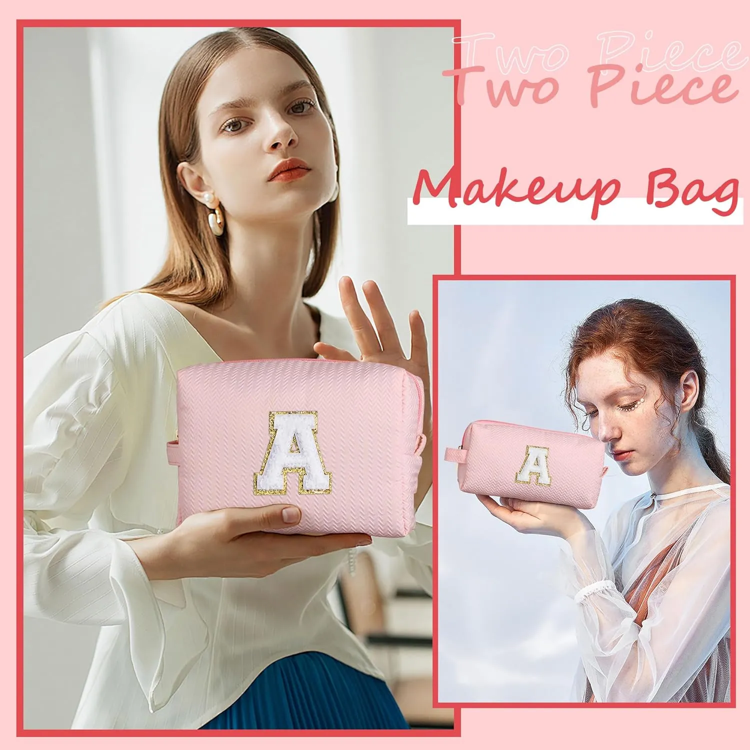 YOOLIFE Initial Makeup Bag Personalized Gifts, Travel Pink Make Up Bag Cosmetic Bags for Women Cute Makeup Bag Organizer Toiletry Bag Birthday Gifts for Women Her Teen Girlfriend Mom Teacher Sister Q