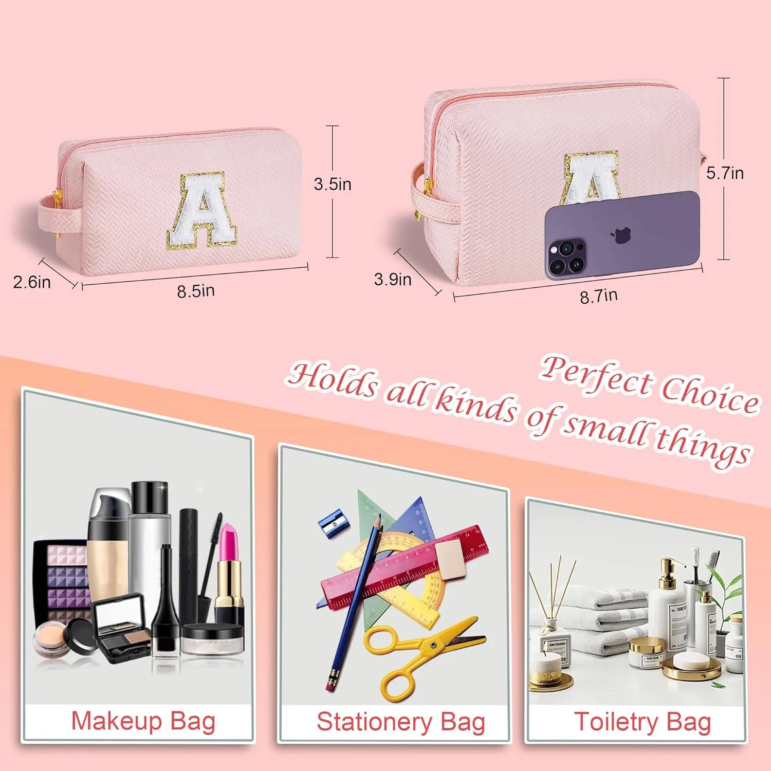 YOOLIFE Initial Makeup Bag Personalized Gifts, Travel Pink Make Up Bag Cosmetic Bags for Women Cute Makeup Bag Organizer Toiletry Bag Birthday Gifts for Women Her Teen Girlfriend Mom Teacher Sister Q