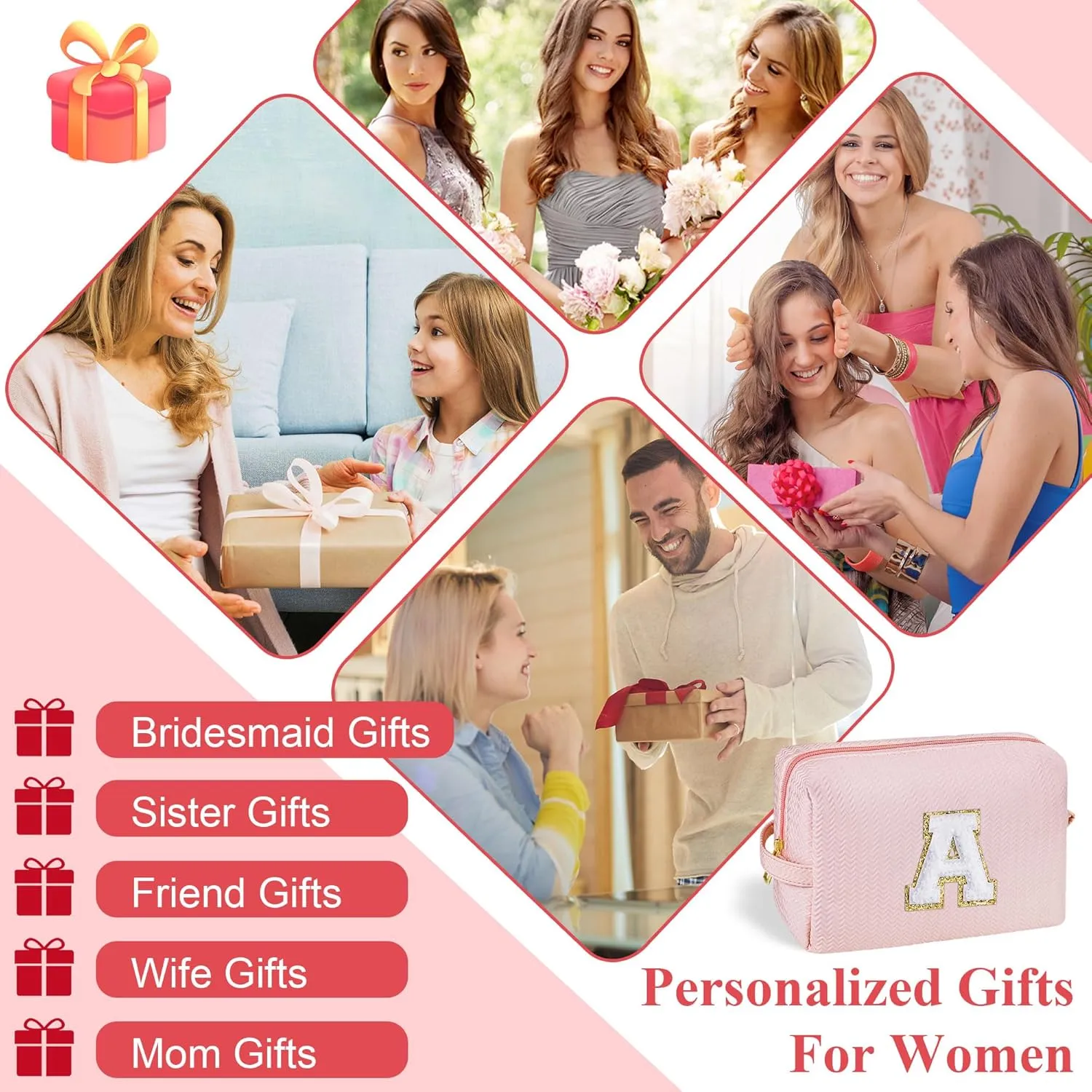 YOOLIFE Initial Makeup Bag Personalized Gifts, Travel Pink Make Up Bag Cosmetic Bags for Women Cute Makeup Bag Organizer Toiletry Bag Birthday Gifts for Women Her Teen Girlfriend Mom Teacher Sister Q
