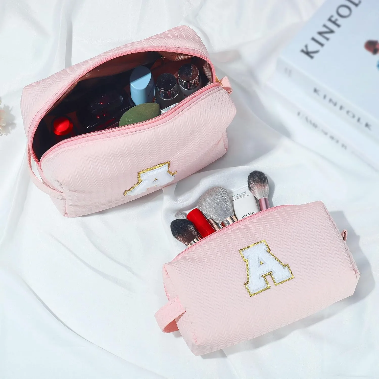 YOOLIFE Initial Makeup Bag Personalized Gifts, Travel Pink Make Up Bag Cosmetic Bags for Women Cute Makeup Bag Organizer Toiletry Bag Birthday Gifts for Women Her Teen Girlfriend Mom Teacher Sister Q