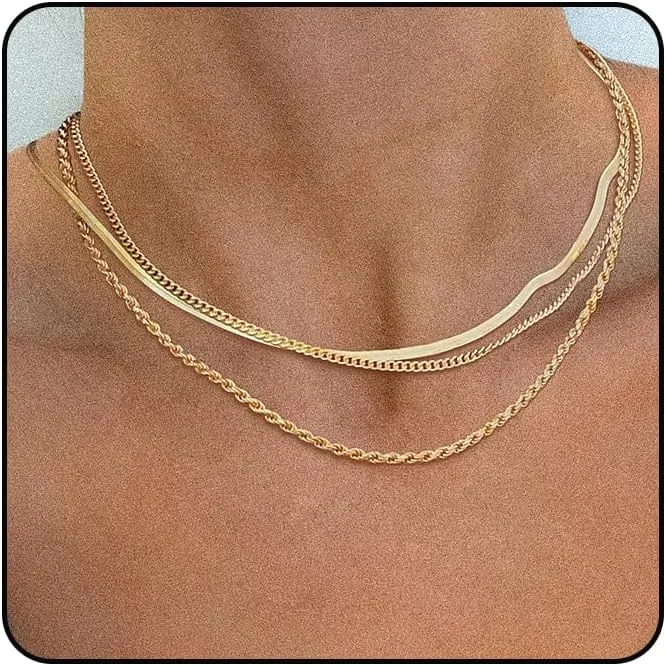 ZMANYIJEW Herringbone Necklace for Women,14K Gold Plated Dainty Layered Choker Necklaces Multilayer Flat Snake Chain Layering Necklace for Gift