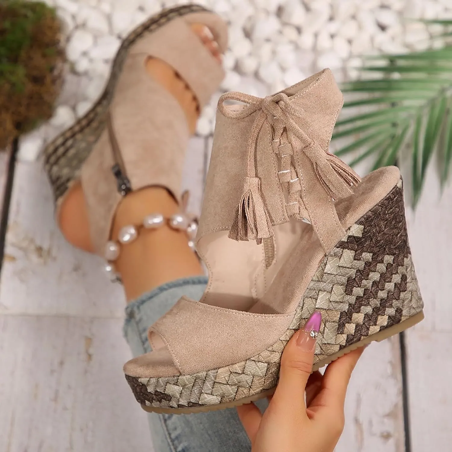 ZWRXW Women's Platform Sandals Casual Summer Dressy Wedge Sandal with Arch Support Orthopedic Comfortable High Heeled Wedges Adjustable Elastic Ankle Strap Open Toe Sandals Fashion Streetwear